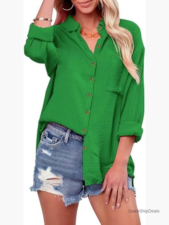 Tops - Oversized Cotton Button Down Long Sleeve Blouse with Pockets